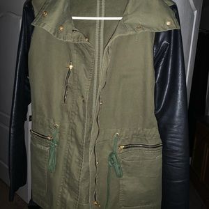 Army green with leather sleeves jacket